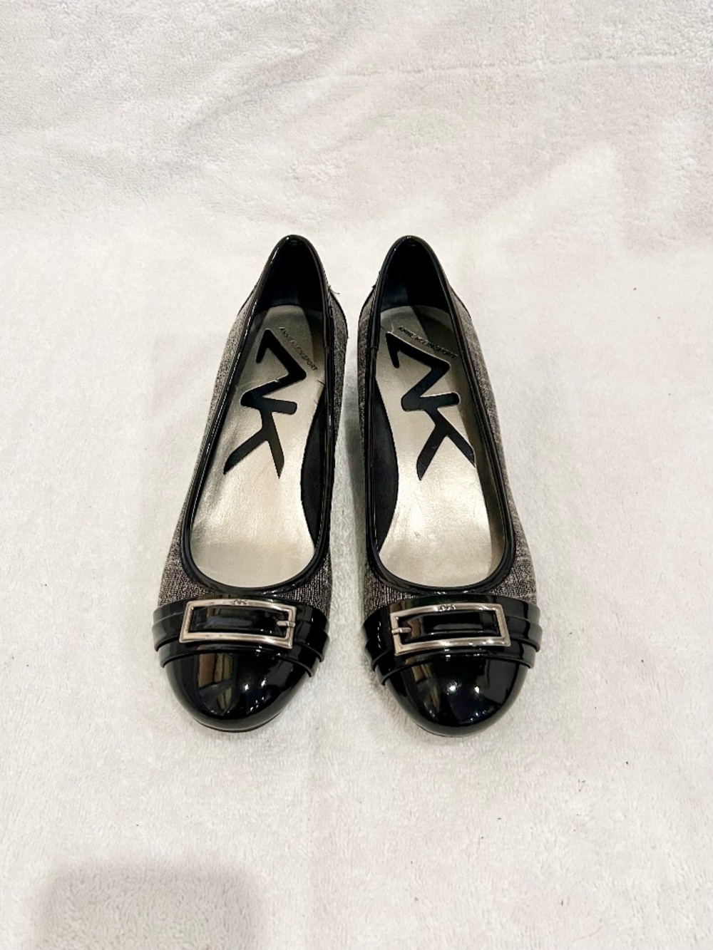 Anne Klein Flats wedge slip on with buckle bow black grey sz 7